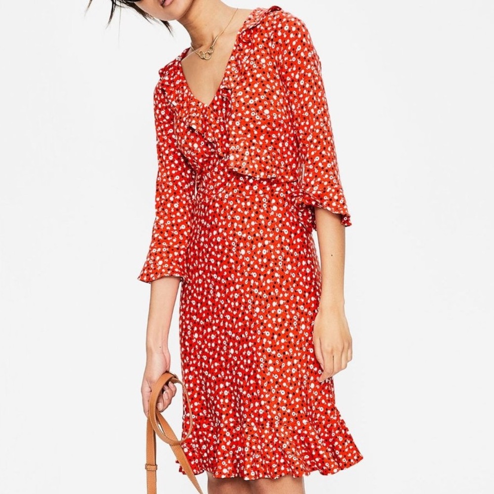 Boden Michaela Ruffle Dress Floral Print V Neck Ruffle Red White Size 2